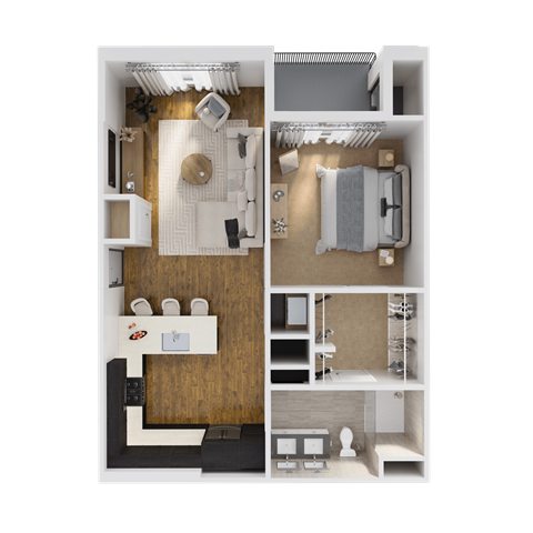 Floor plan for 1 bed, 1 bath, 789 sqft